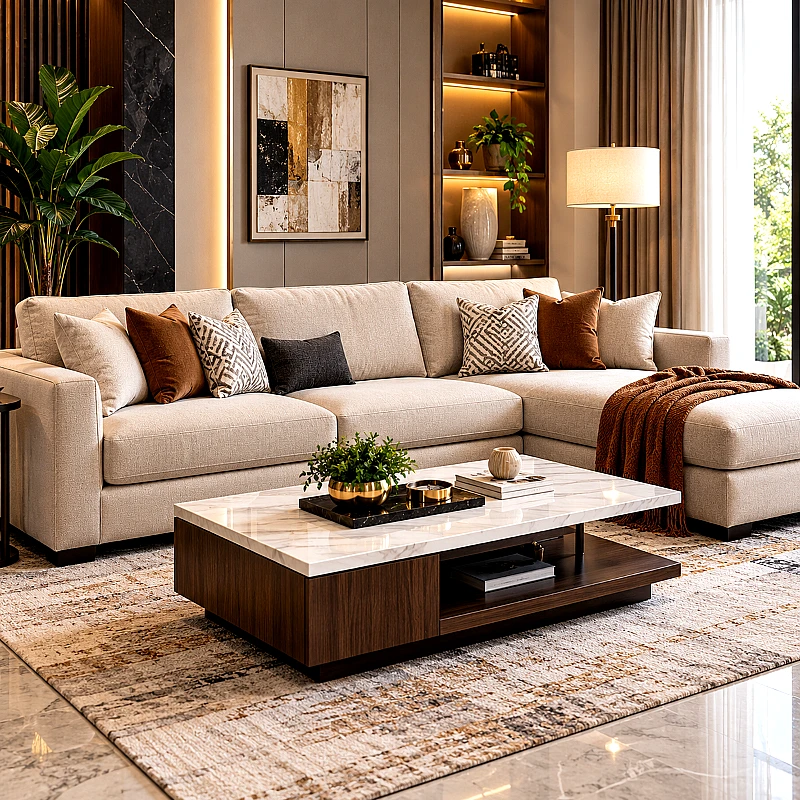 Modern Beige L-Shaped Sectional Sofa with Chaise