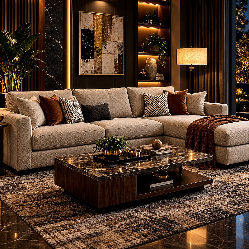 Modern Beige L-Shaped Sectional Sofa with Chaise