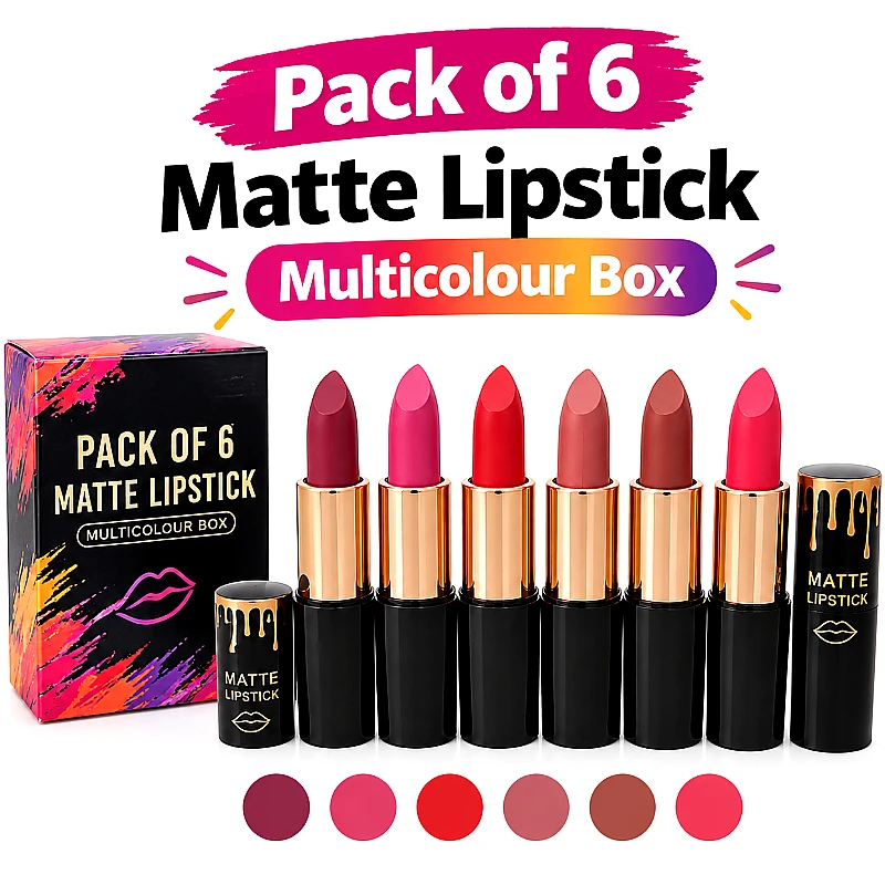 Pack of 6 Matte Lipstick Multicolour Box