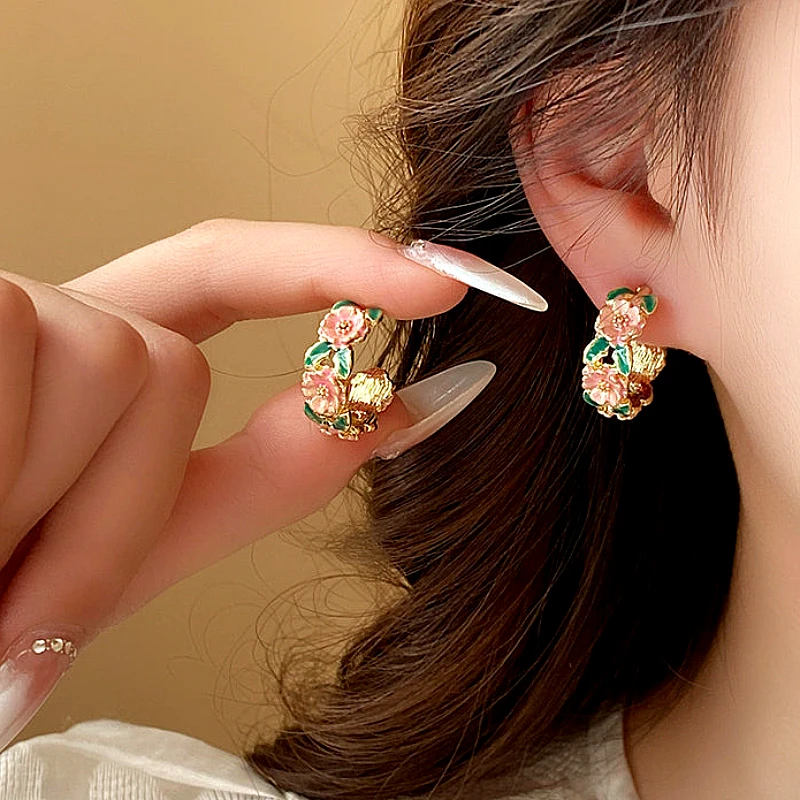 Pink Flower Hoop Earrings