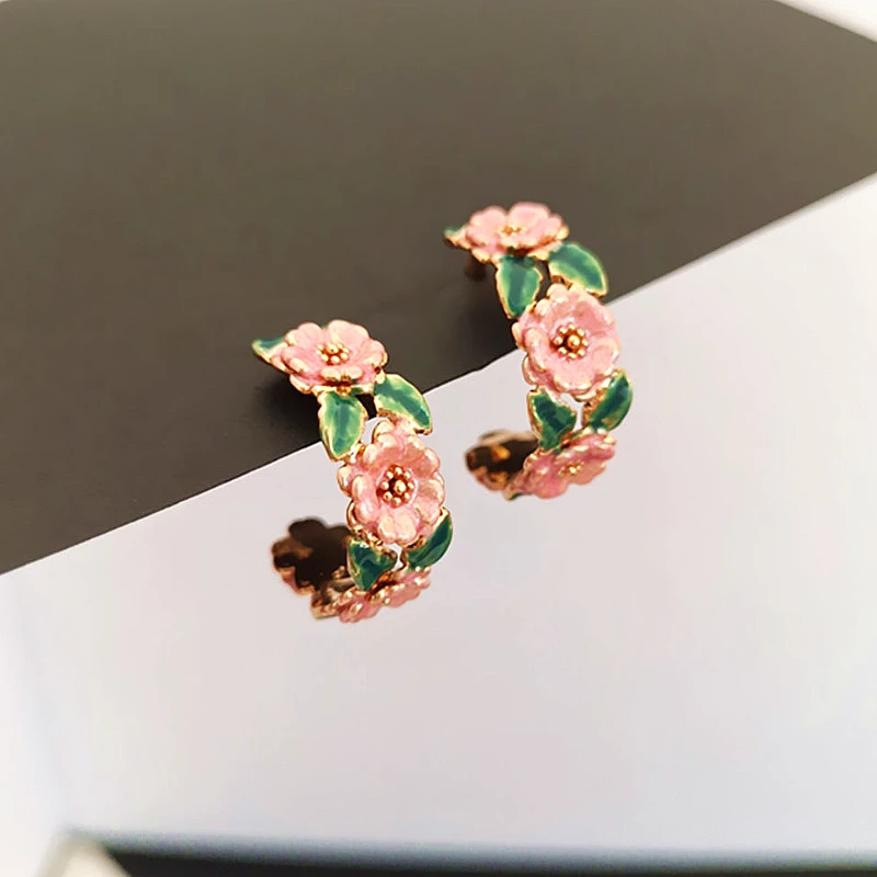 Pink Flower Hoop Earrings