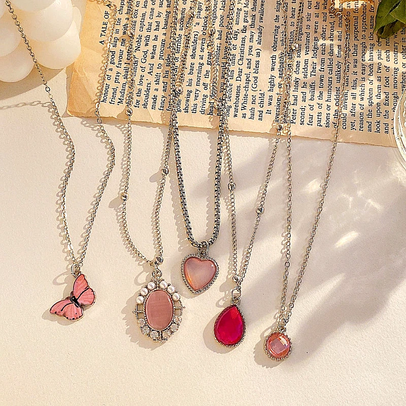 Pink Gem & Butterfly_Necklace Set Of Five