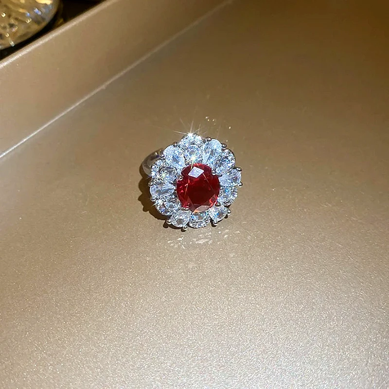 Red & White Diamond Stone Flower Ring