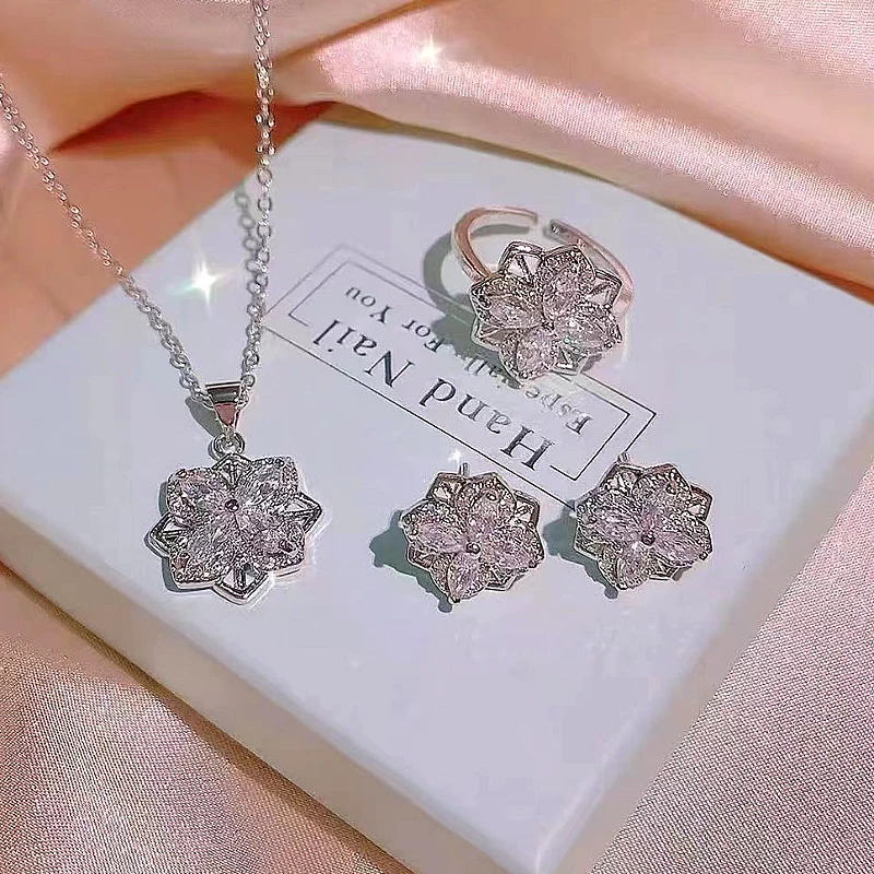 Silver-Tone Clear Crystal Geometric Floral Jewelry