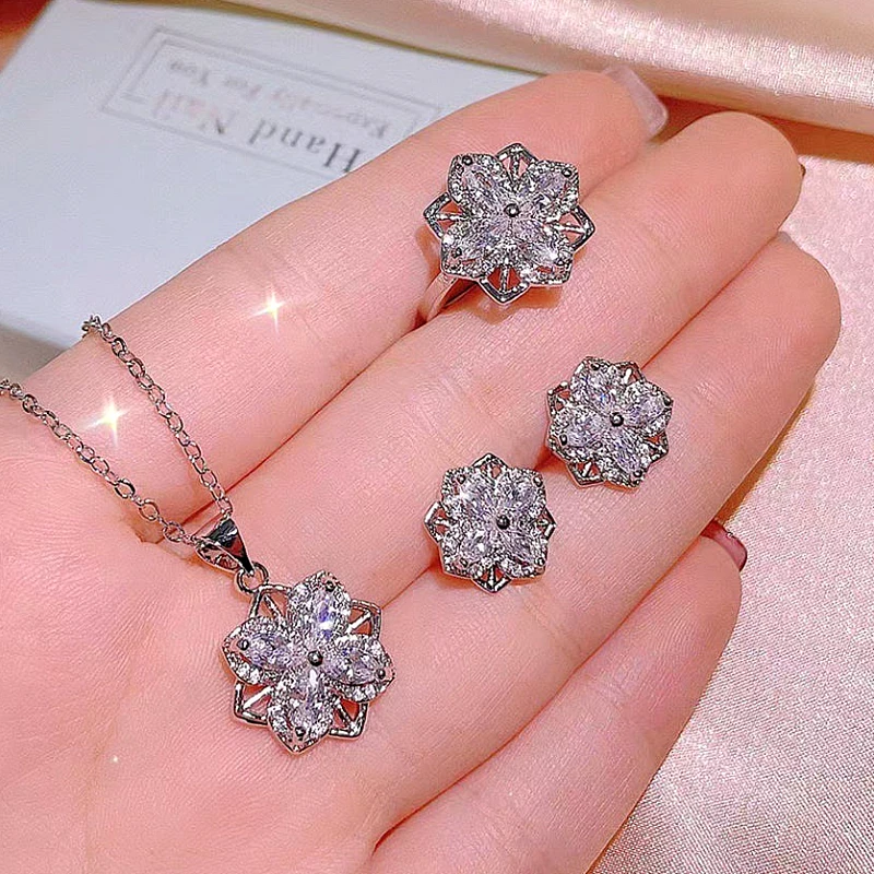 Silver-Tone Clear Crystal Geometric Floral Jewelry