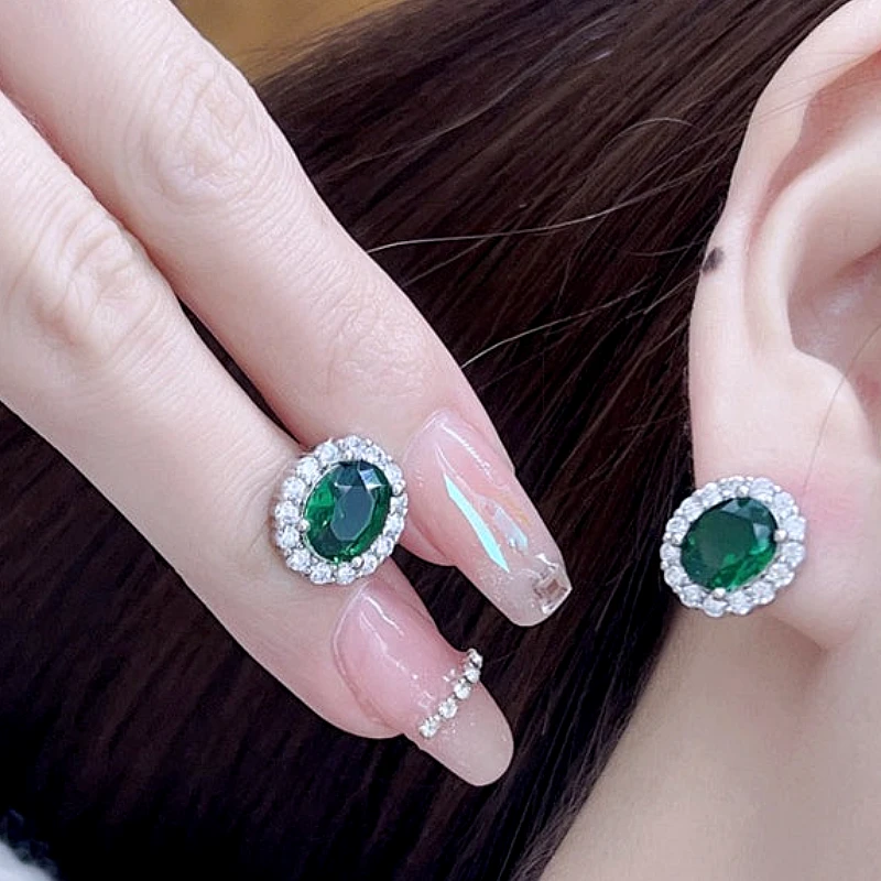 Silver-Tone Emerald Green Oval Crystal Halo set