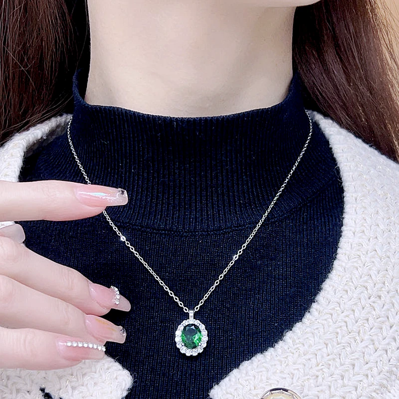 Silver-Tone Emerald Green Oval Crystal Halo set