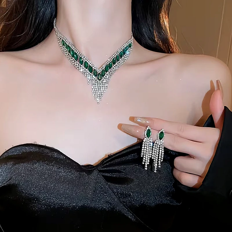 Silver-Tone Green Marquise Crystal V-Shap set