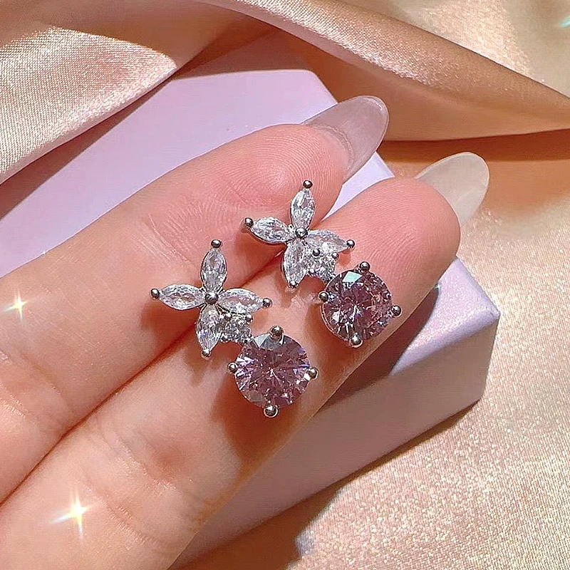 Silver-Tone Pink Round Crystal Jewelry Set