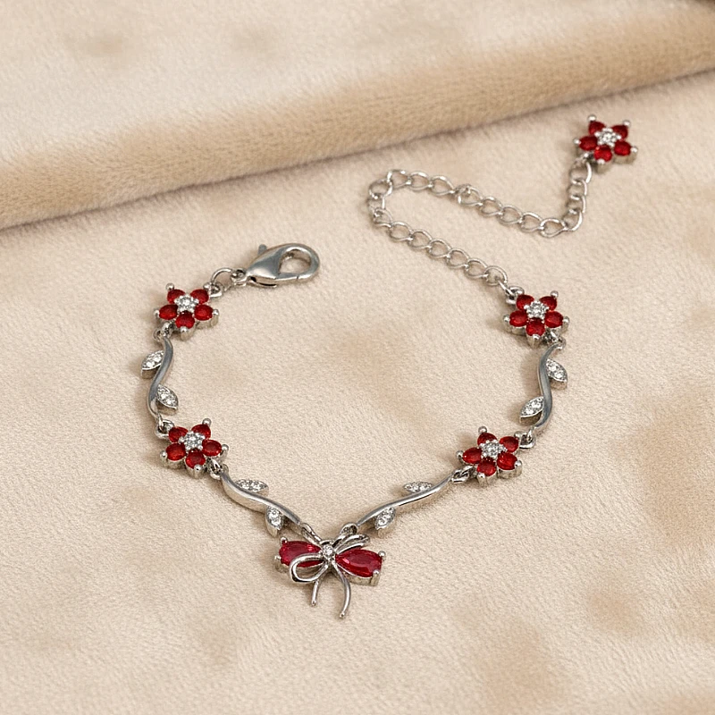 Silver-Tone Red Crystal Floral Vine & Bow Bracelet - Product Image