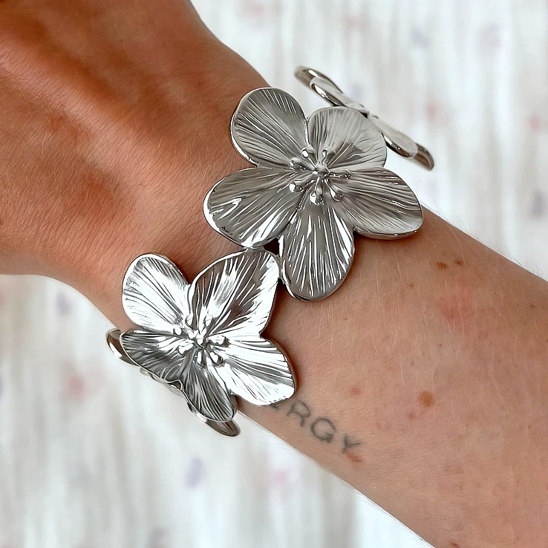 Silver-Tone Sculpted Floral Statement Cuff Bracele - Product Image