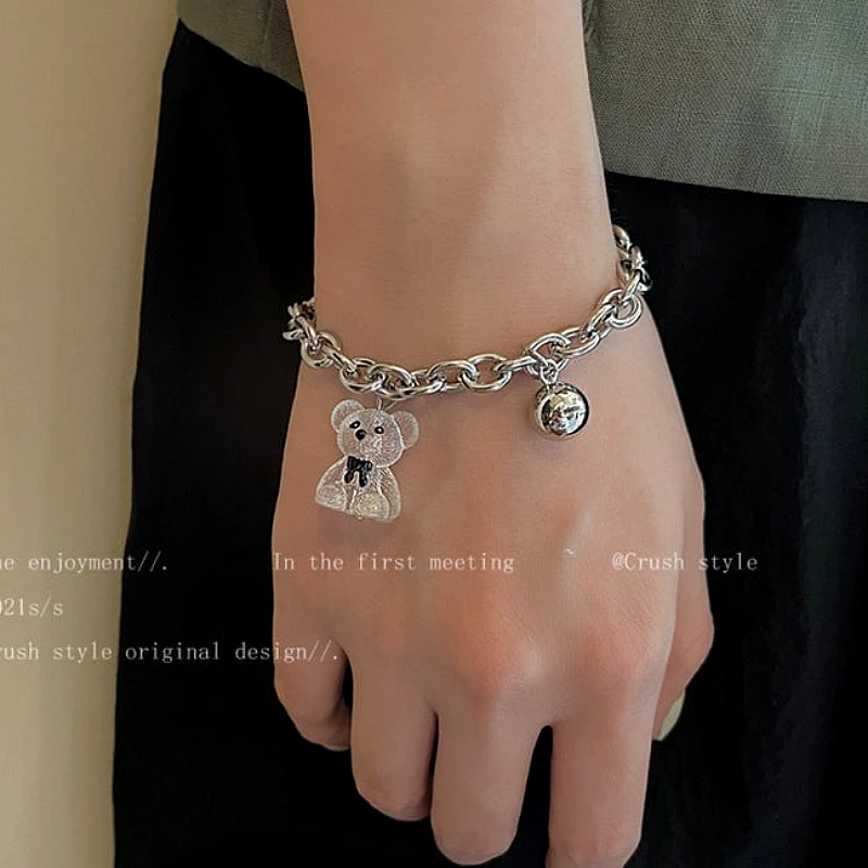 Silver-Tone Teddy Bear Charm Chain Bracelet with R - Product Image