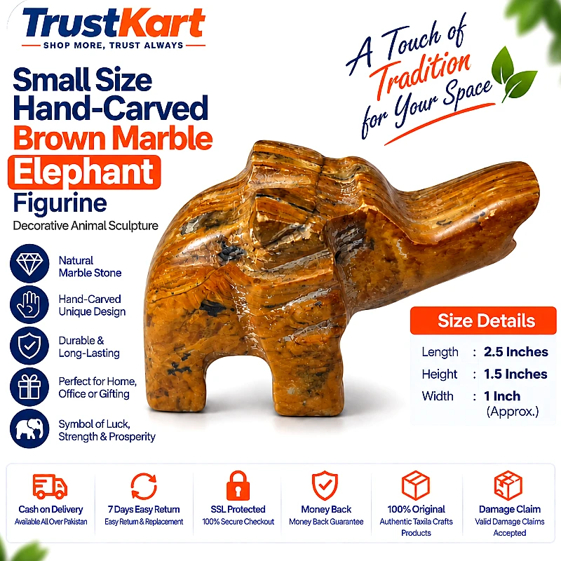 Small Size Hand-Carved Brown Marble Elephant Figur