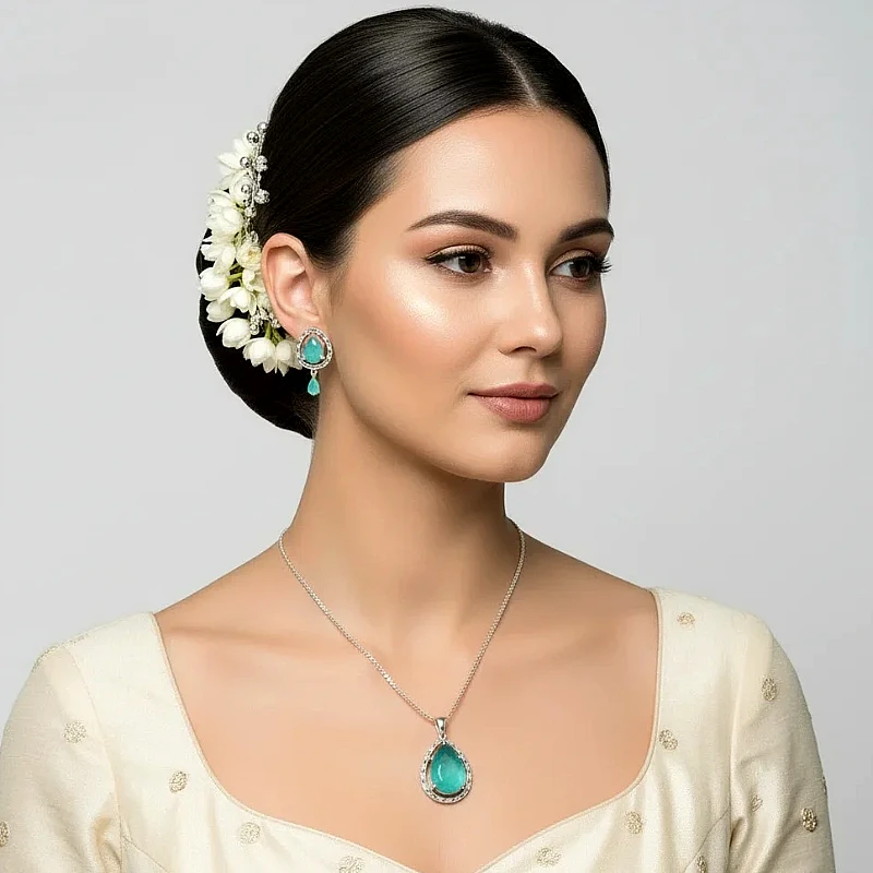 Turquoise Natural Stone Silver - Jewelry Set