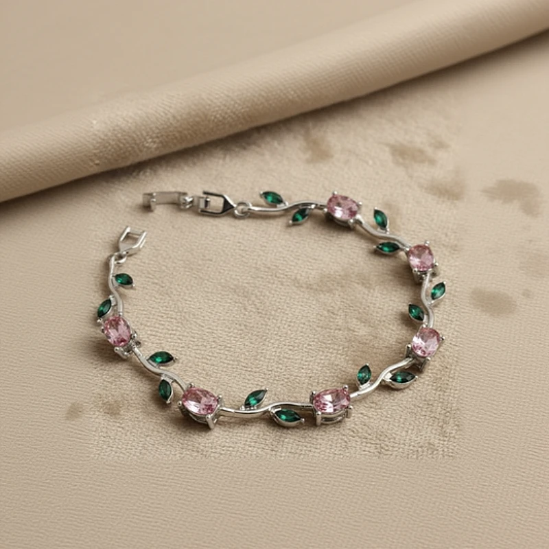 Viral Tulip Pink &amp;amp; Green Silver Bracelet - Product Image