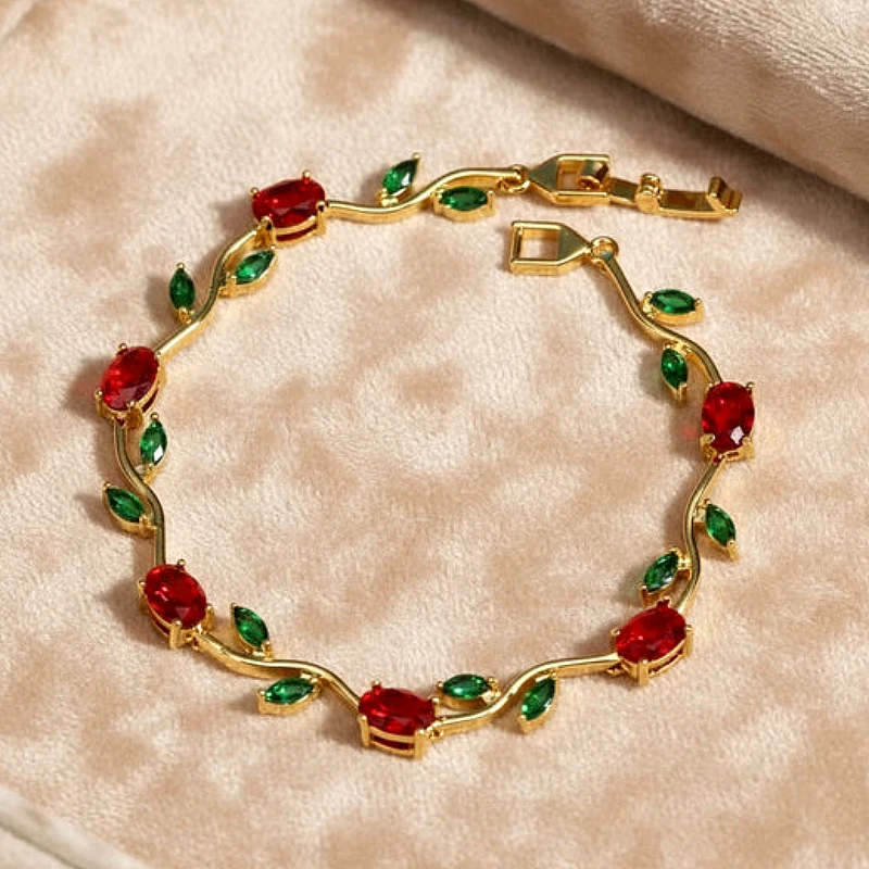 Viral Tulip Red & Green Diamond Gold Bracelet  - Product Image