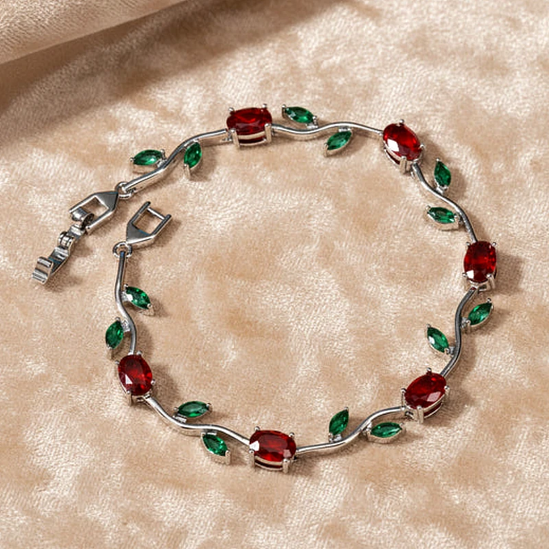 Viral Tulip Red & Green Diamond Silver Bracelet  - Product Image